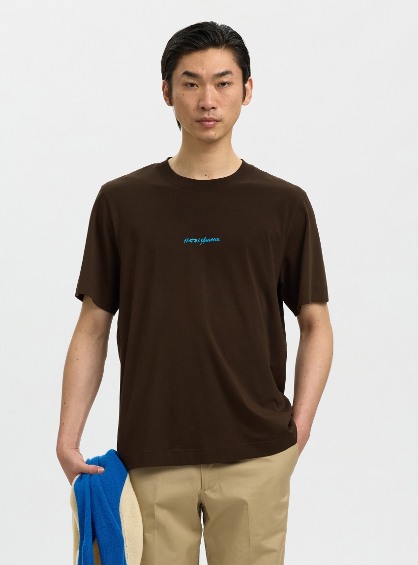 Selected Elias O-Neck Tee Hotel Amour - Dark Brown