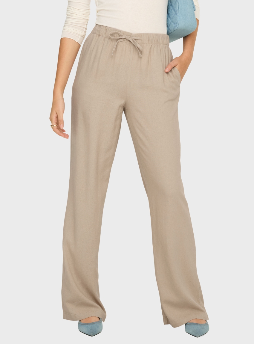 Only Goa Mid Waist Linen Blend Pull-Up Pants - Light Beige