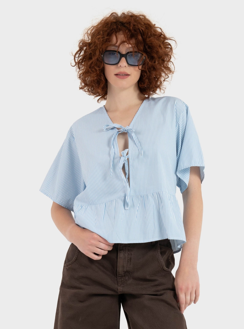 JJXX Caro Poplin Tie Blouse - Striped Light Blue