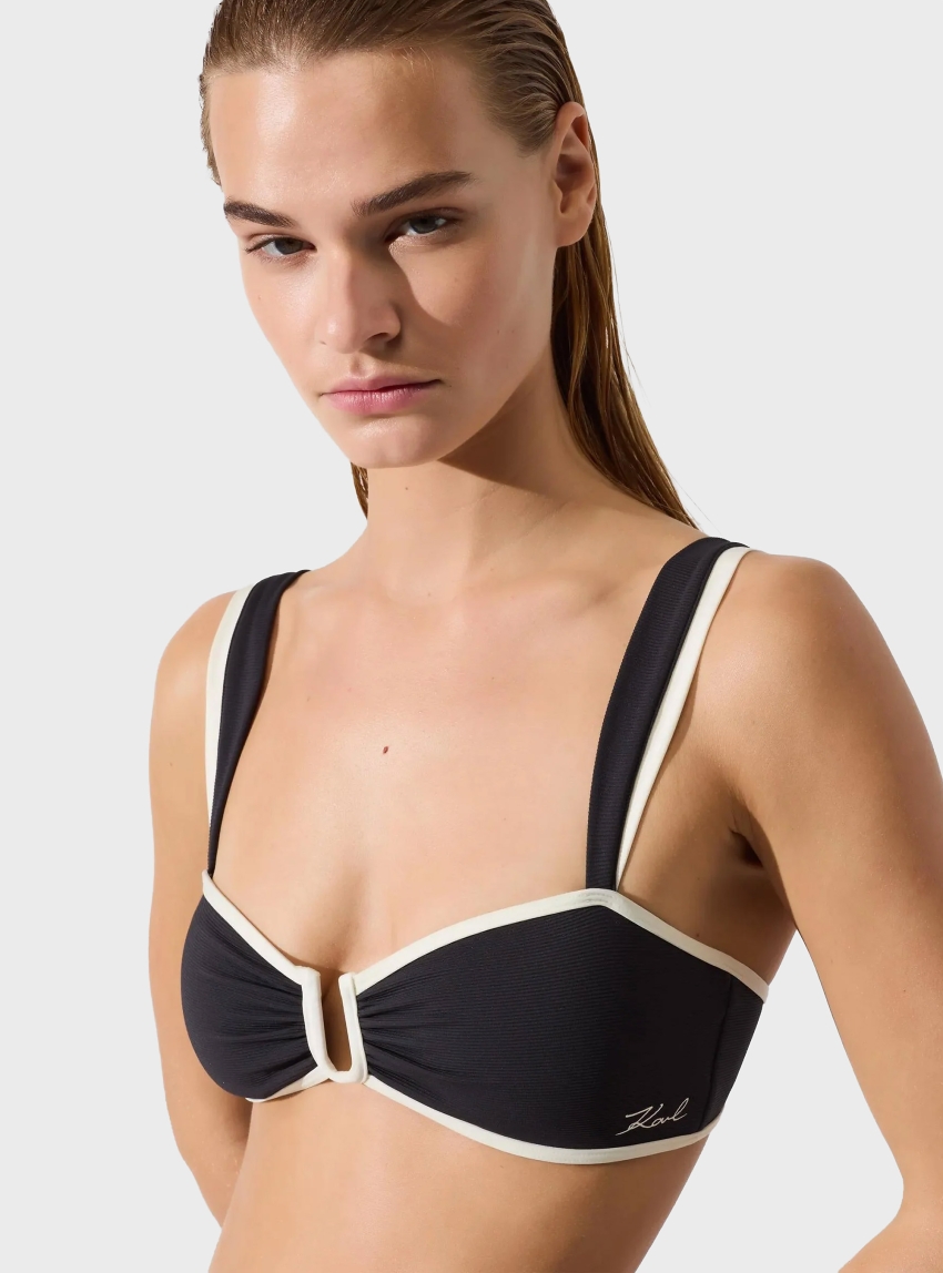 Karl Lagerfeld Signature Piped Bandeau Bikini Top - Black