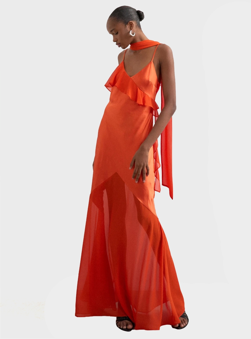 Topssop Annika Sl Ruffle Detail Maxi Dress - Orange