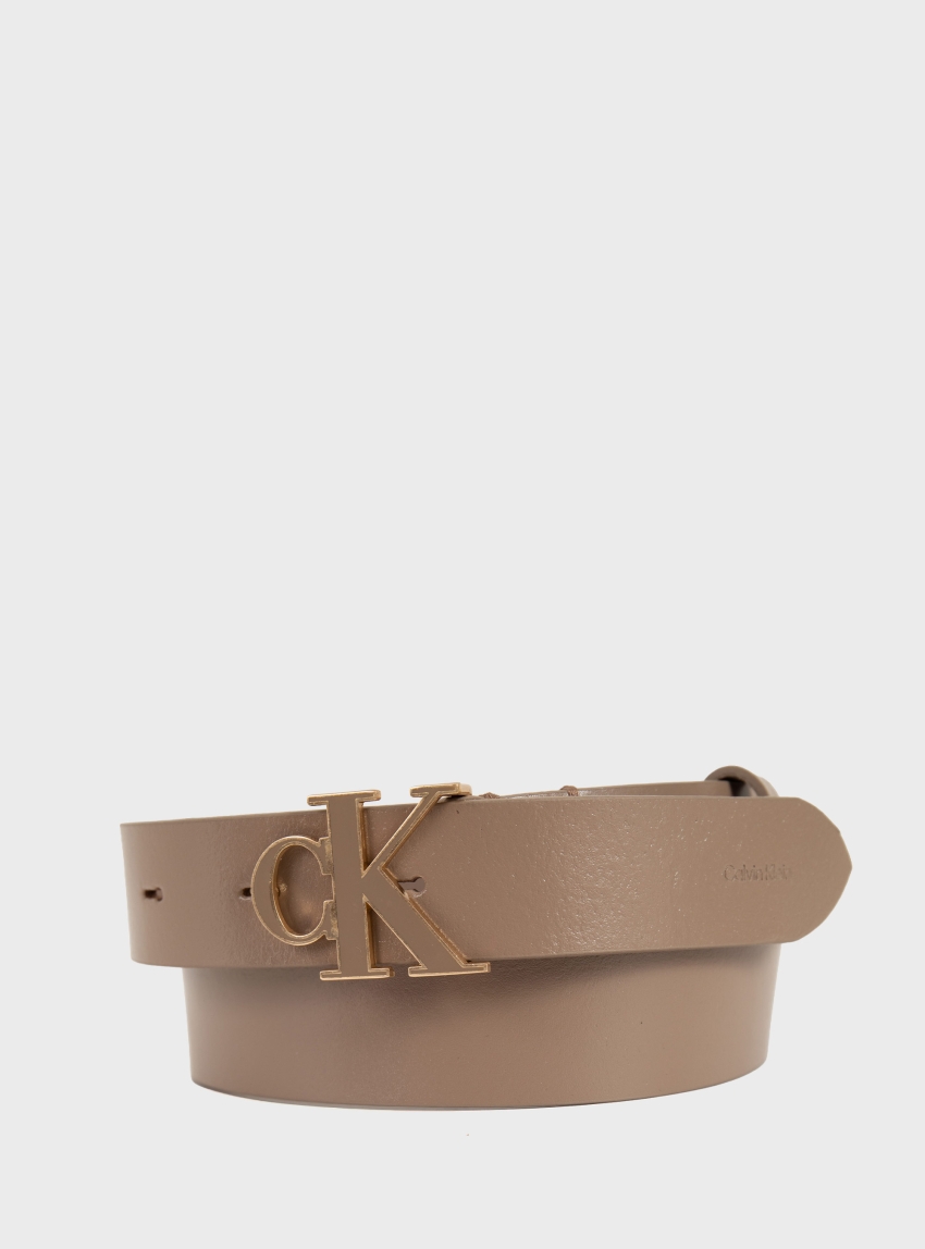 Calvin Klein Full-Grain Leather Logo Buckle Belt - Taupe