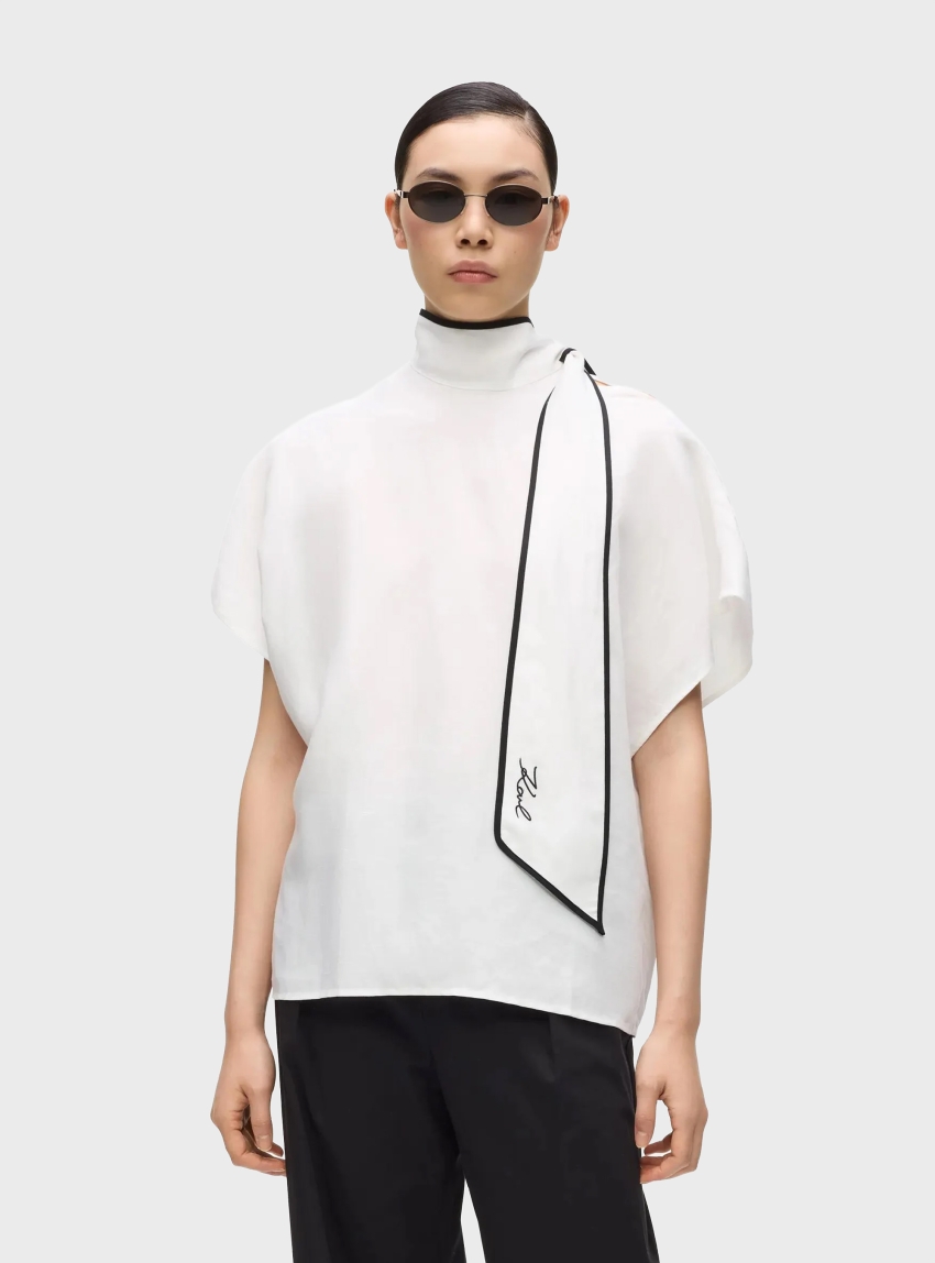 Karl Lagerfeld Linen Blend Piping Blouse - Cream