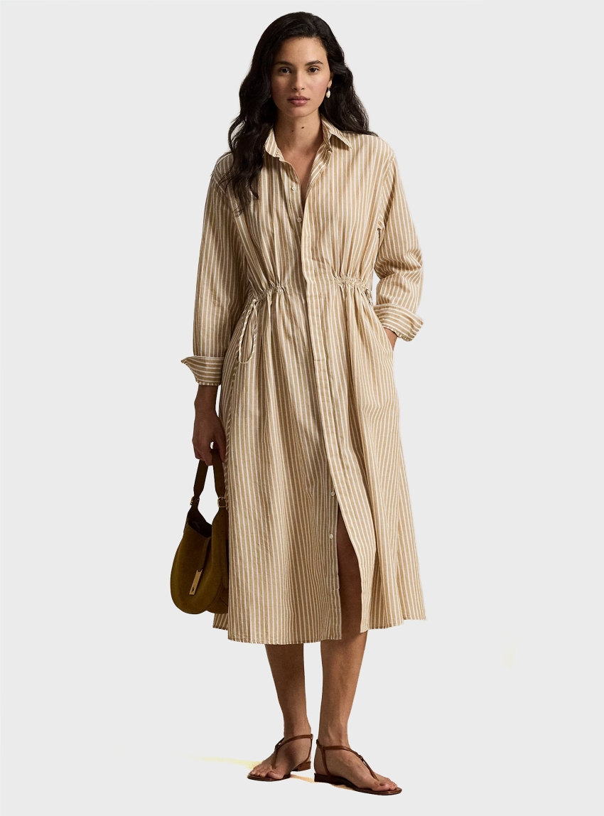 Polo Ralph Lauren Striped Cotton-Linen Drawcord Shirtdress - Camel