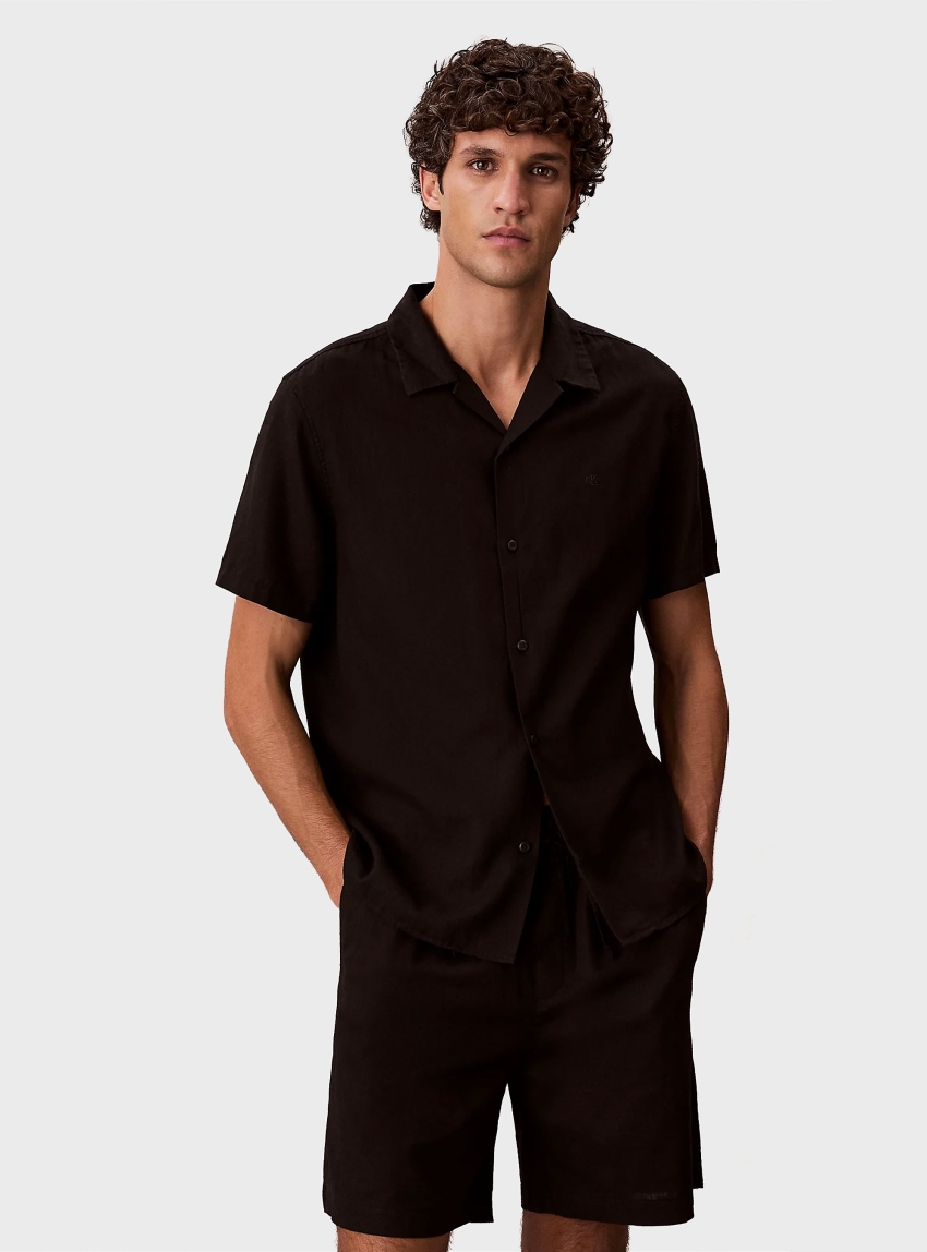 Calvin Klein Linen Blend Short Sleeve Shirt - Black