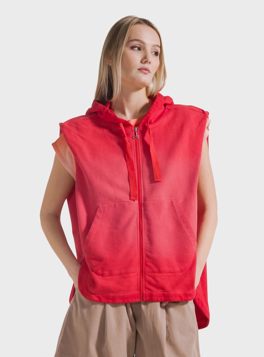 Deha Fade Effect Sleeveless Zip Hoodie - Red