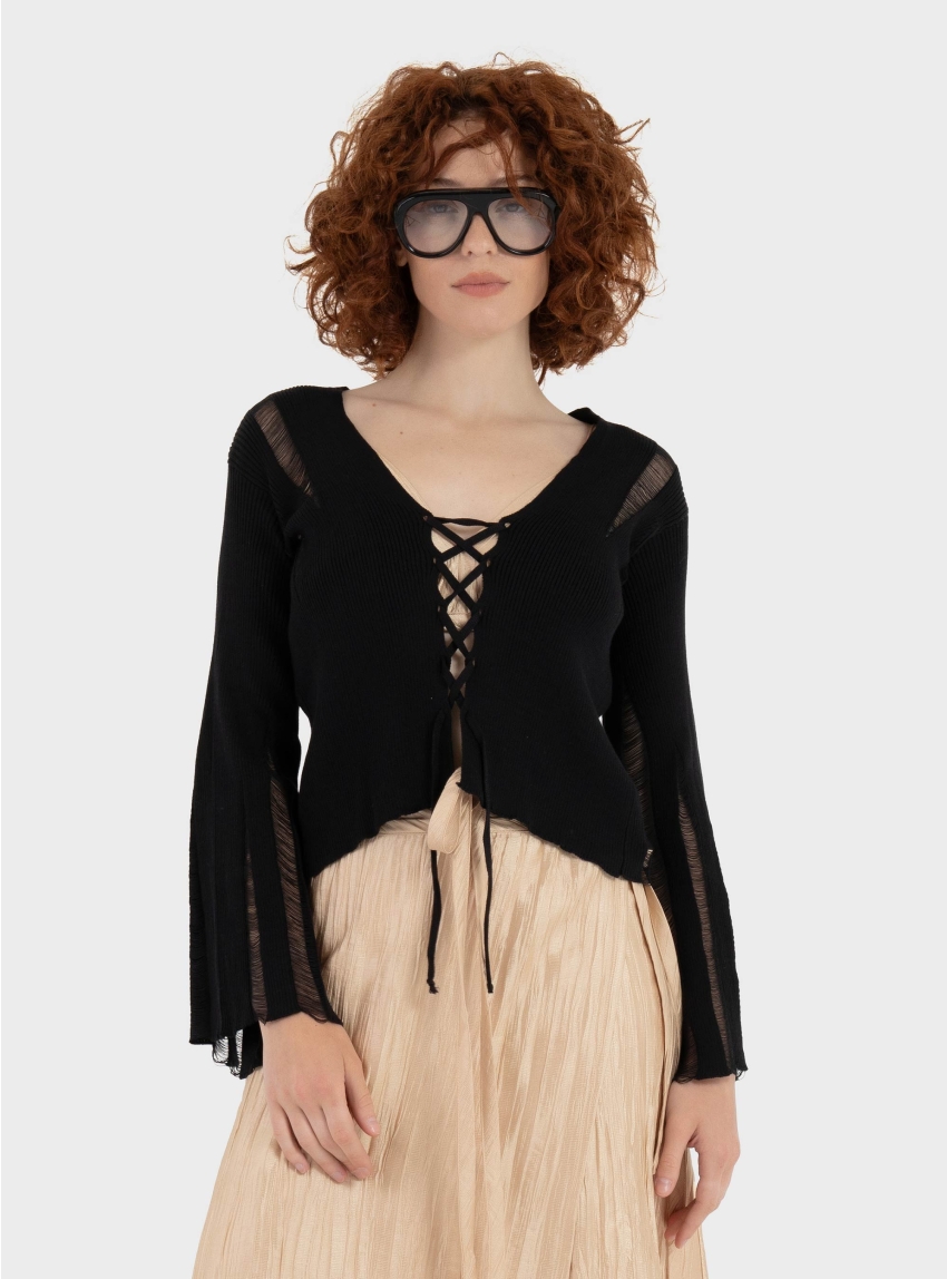 Ioanna Kourbela "Magic Sunset" Knit Cardigan With Bell Sleeves And "X" Shaped Front Ties - Black