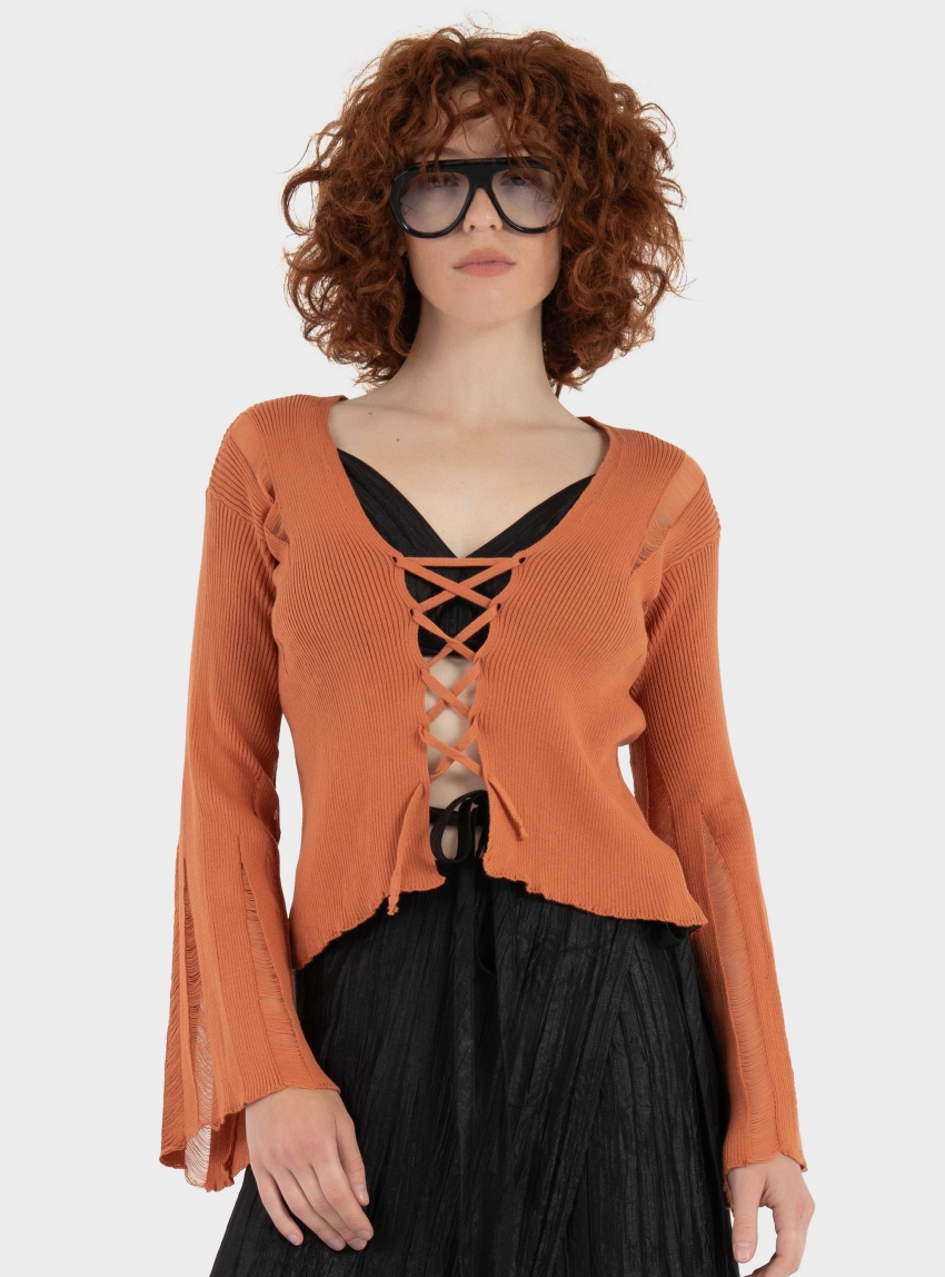 Ioanna Kourbela "Magic Sunset" Knit Cardigan With Bell Sleeves And "X" Shaped Front Ties - Fluo Orange