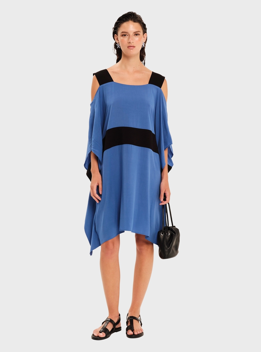 Ioanna Kourbela '"Dimensional Play" Mini Tunic Dress With Cold Shoulders - Blue Black