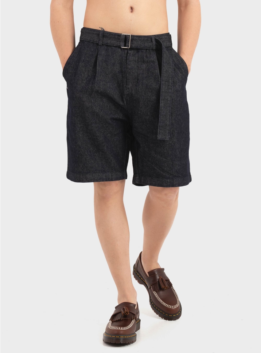 Gianni Lupo Belted Pleated Denim Shorts - Unwashed Denim