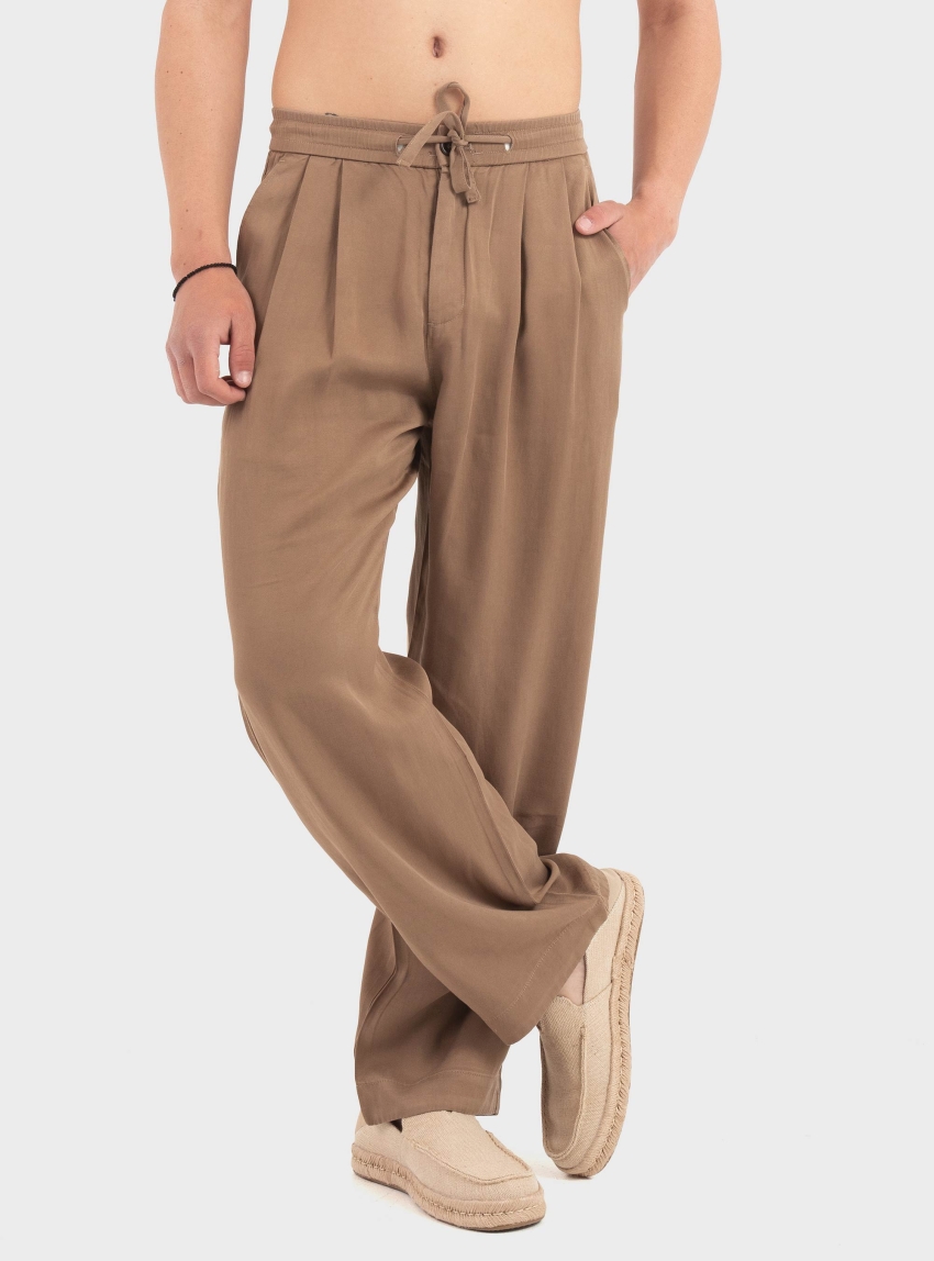 Gianni Lupo Relaxed Fit Pleated Pants - Dark Beige