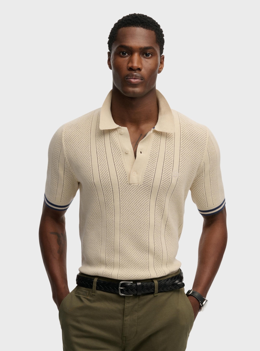 Superdry Knitted Texture Short Sleeve Polo Shirt - Ecru