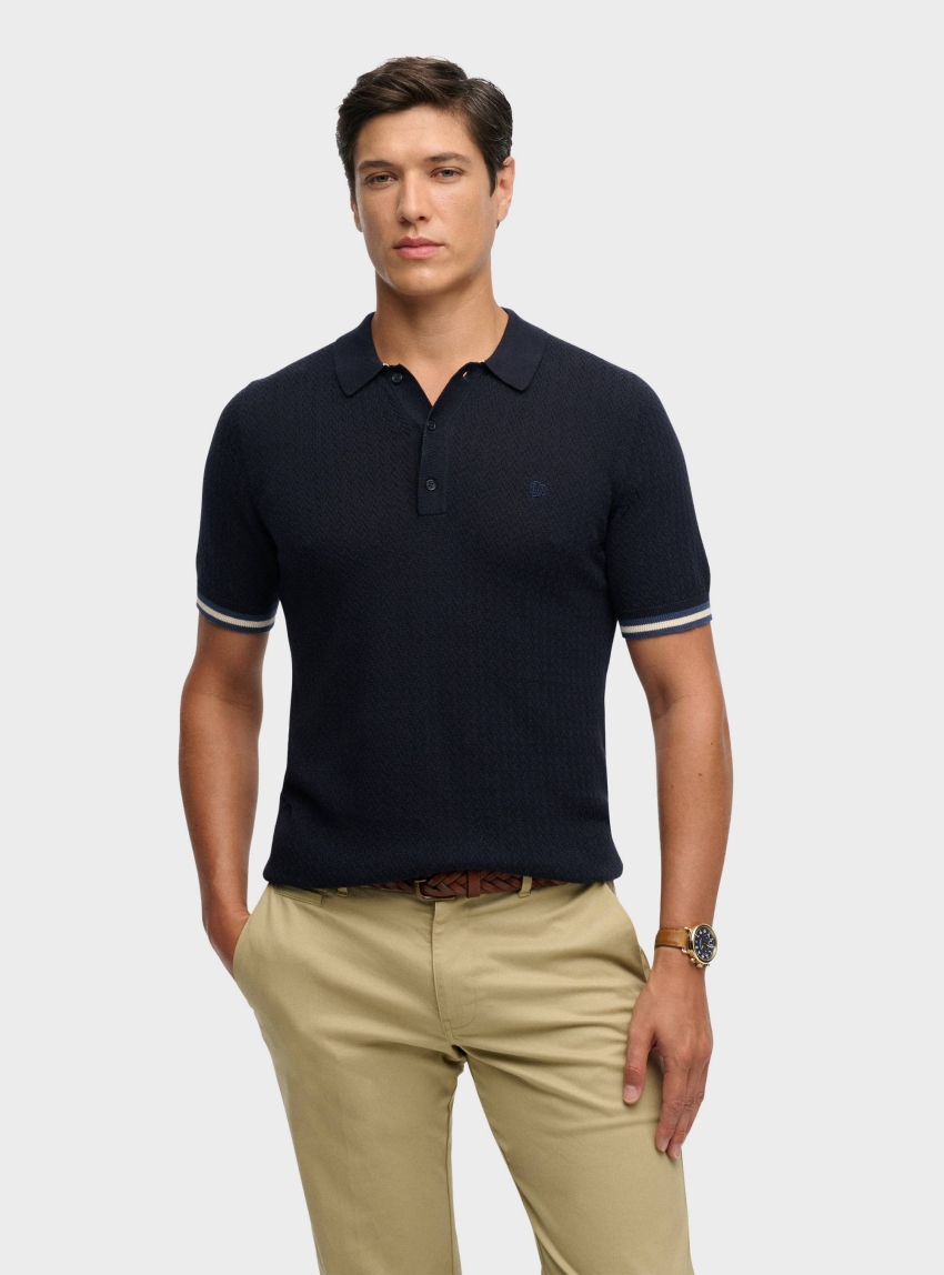 Superdry Knitted Texture Short Sleeve Polo Shirt - Navy