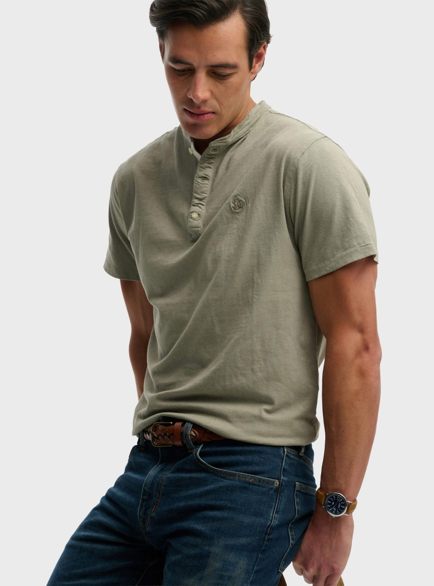 Superdry Classic Cotton Linen Short Sleeve Grandad T-Shirt - Light Olive