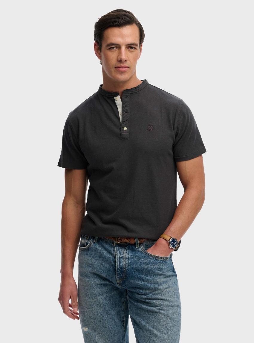 Superdry Classic Cotton Linen Short Sleeve Grandad T-Shirt - Charcoal