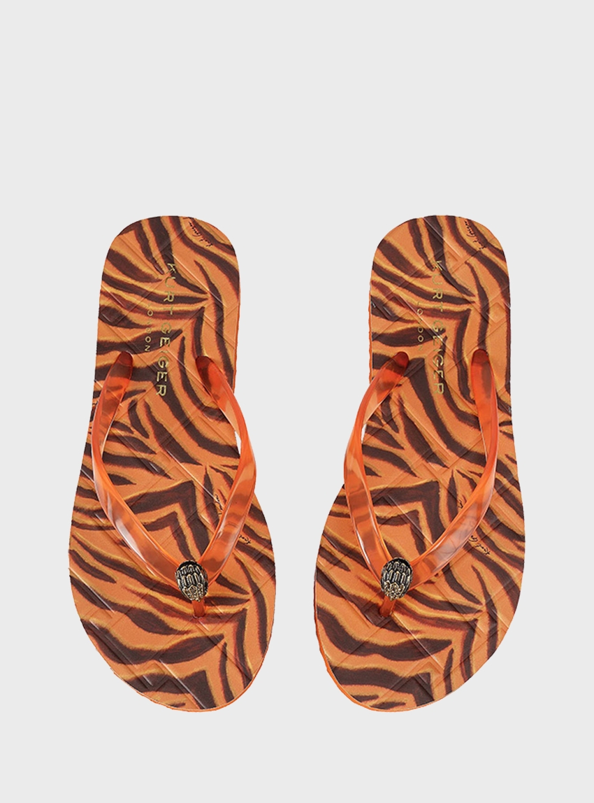 Kurt Geiger Kensington Q Tiger Print Logo Pool Flip Flops - Tan