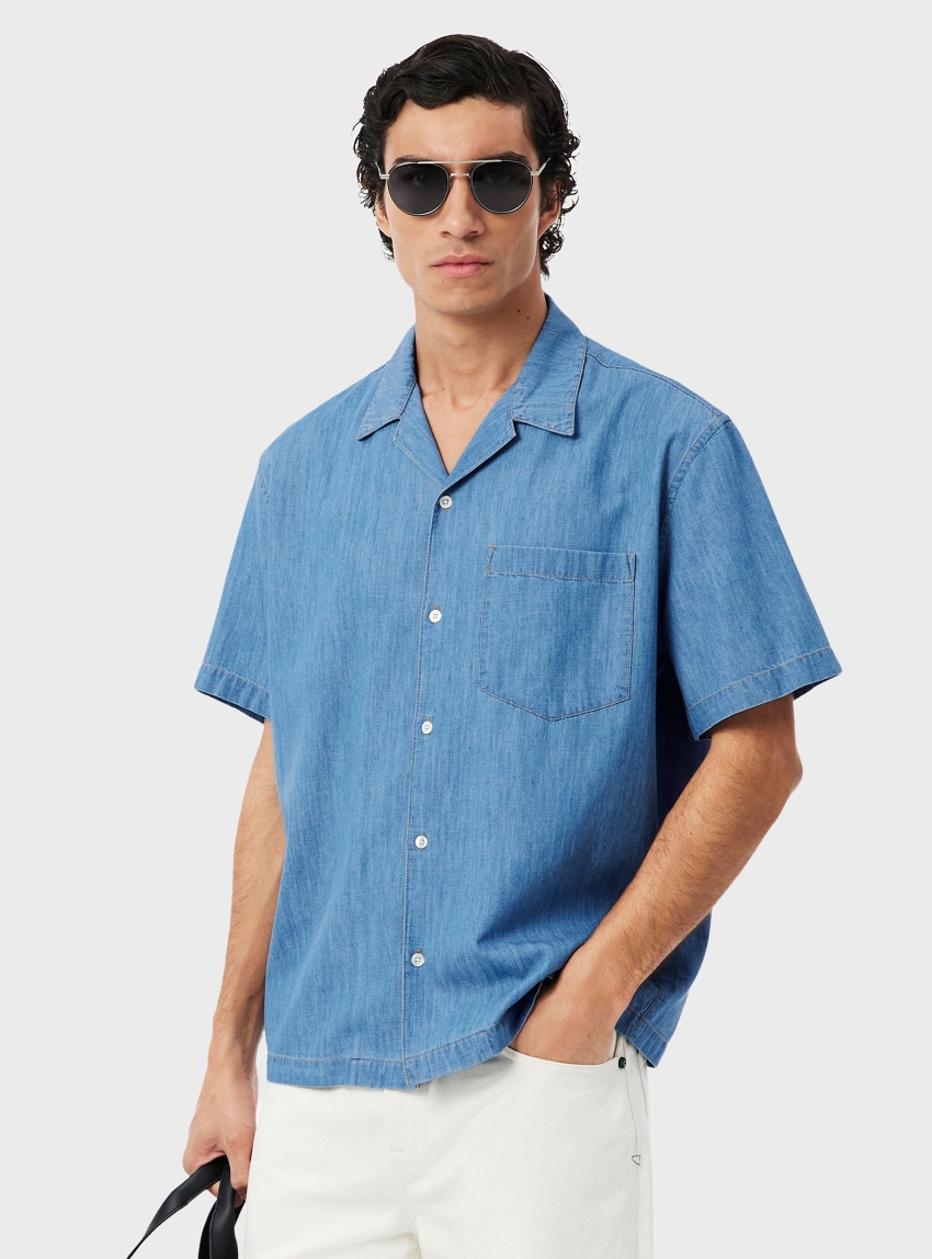 Lacoste Relaxed Fit Open Neck Denim Shirt - Medium Aged Denim