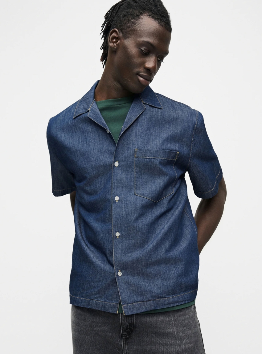 Lacoste Relaxed Fit Open Neck Denim Shirt - Medium Aged Denim