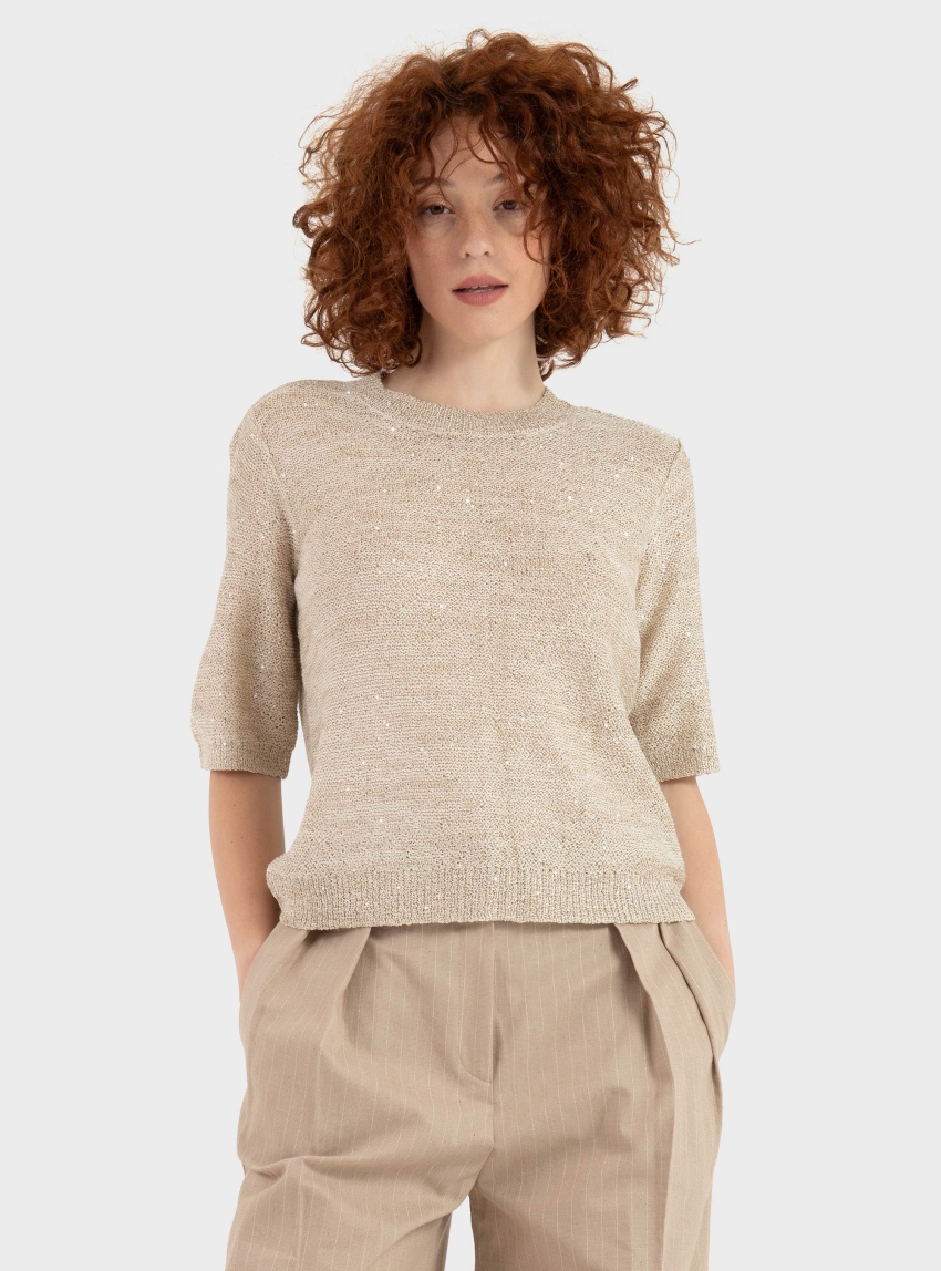 Jdy Mia 2/4 O-Neck Sequin Pullover - Beige
