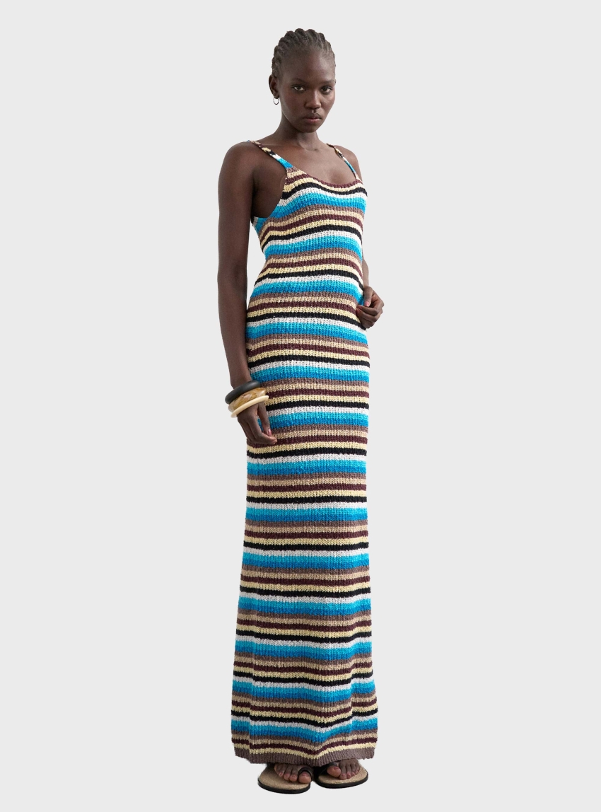 Topshop Cajsa Multi Stripped Midi Knit Dress - Blue