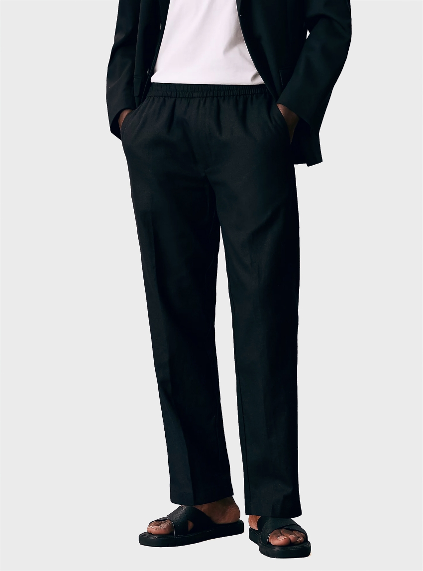 Calvin Klein Linen Cotton Drawstring Trousers - Black