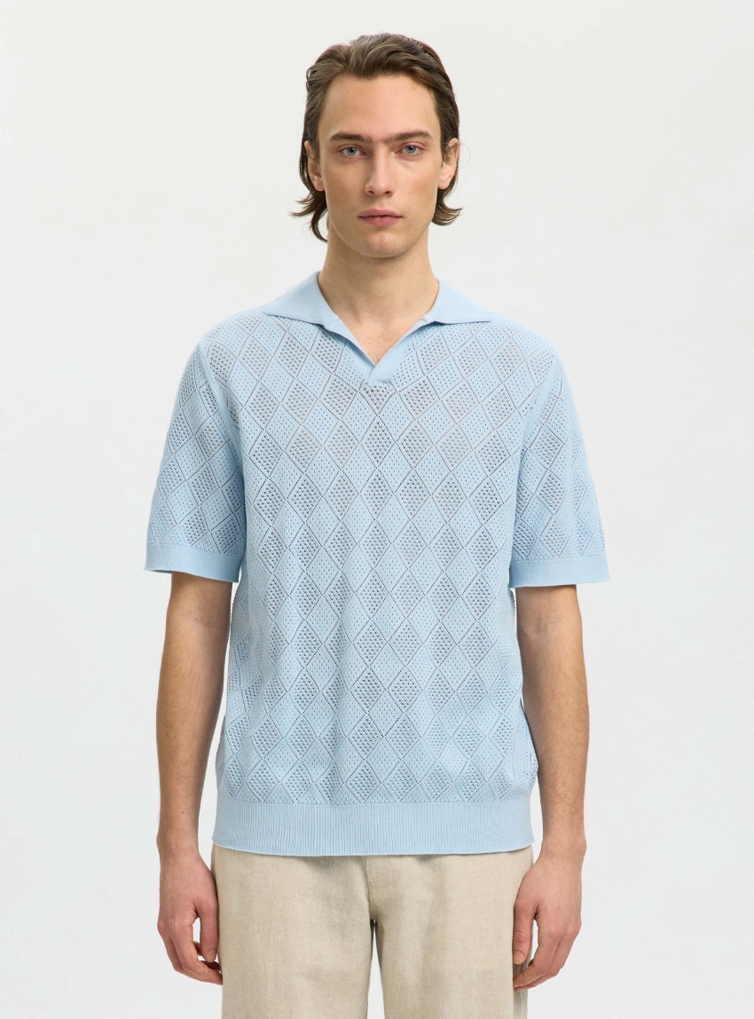Selected Arco Knit Structure Open Polo - Light Blue