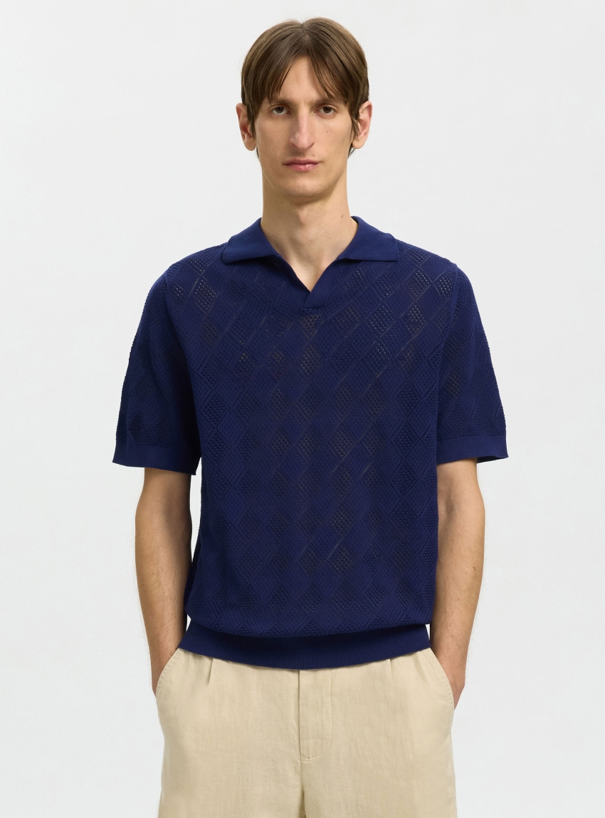 Selected Arco Knit Structure Open Polo - Blue