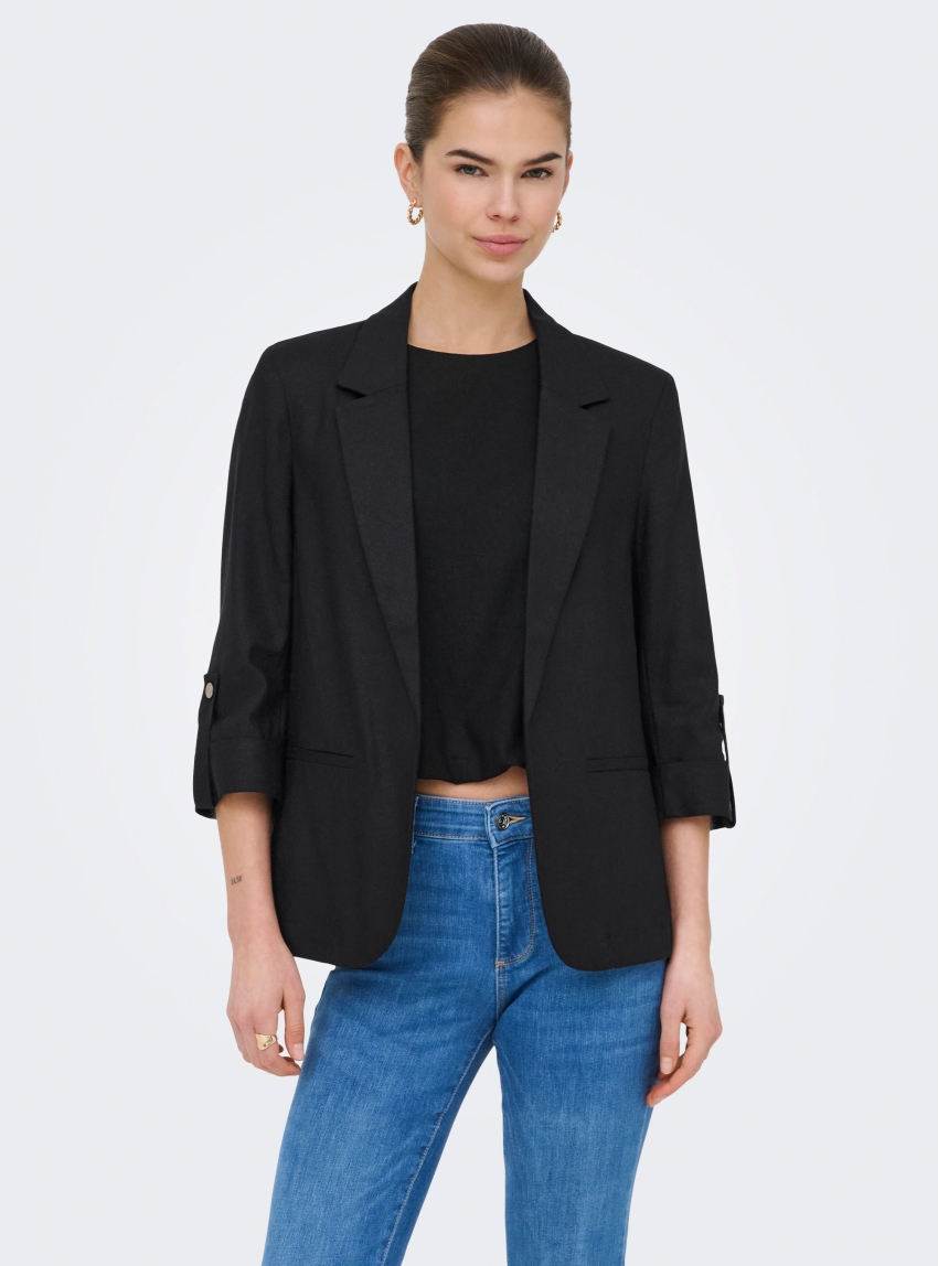 Only Goa 3/4 Unline Linen Blend Blazer - Black