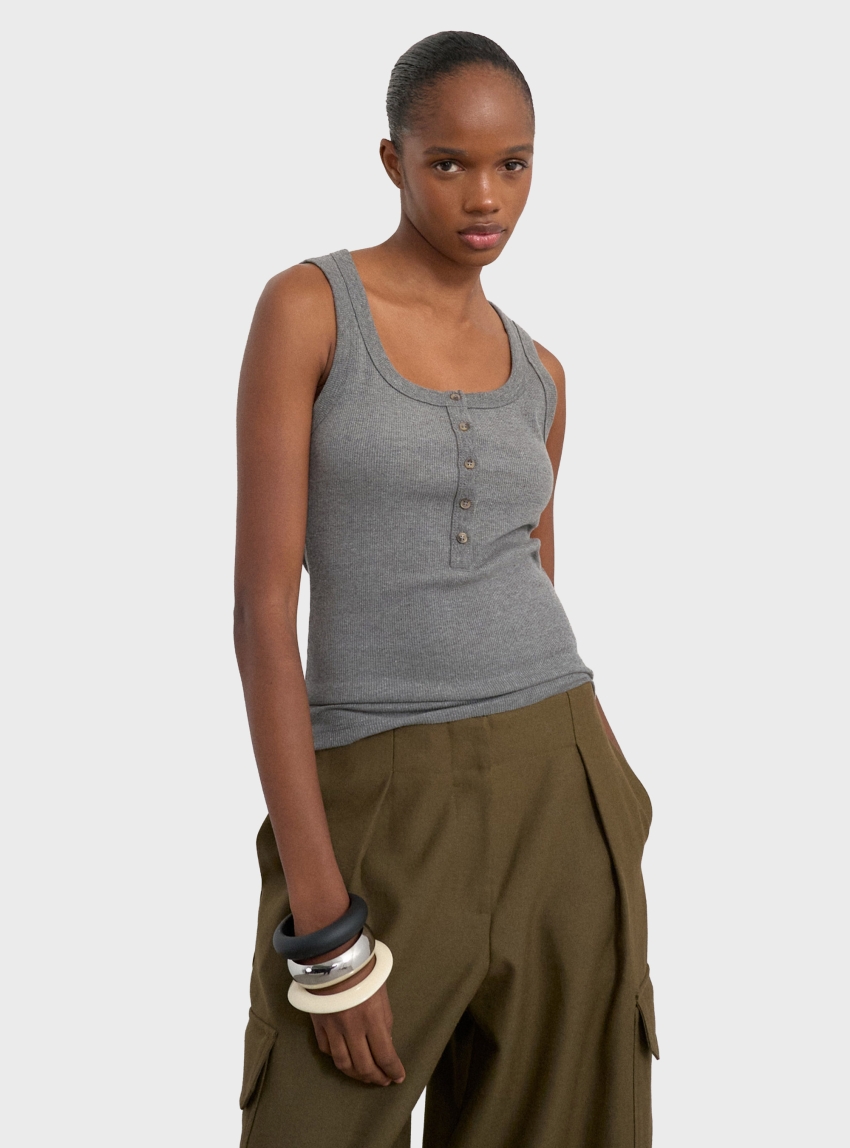 Topsop Ella Stripe Button Rib Tank Top - Grey Melange