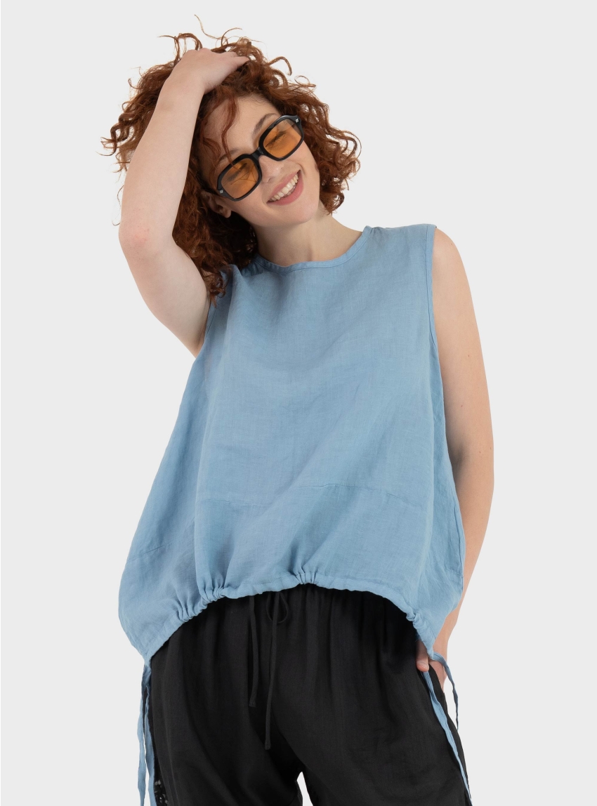 Black & Black  Loose Linen Top - Light Blue