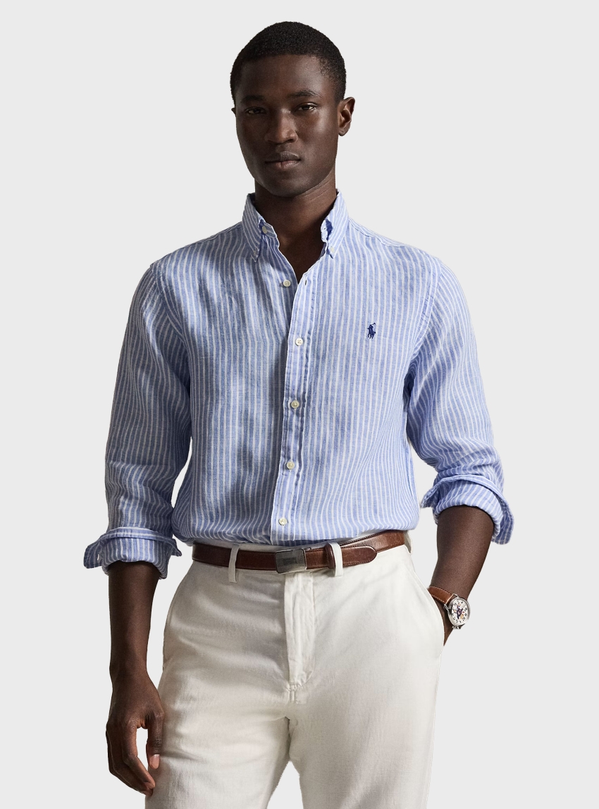 Polo Ralph Lauren Custom Fit Striped Linen Shirt - Striped Light Blue