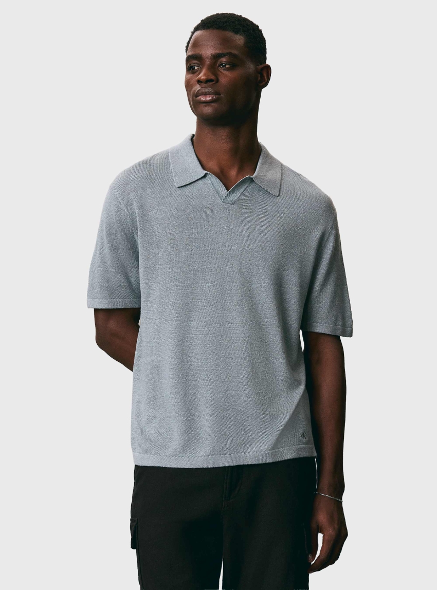 Calvin Klein Linen Blend Open Collar Polo Shirt - Light Blue