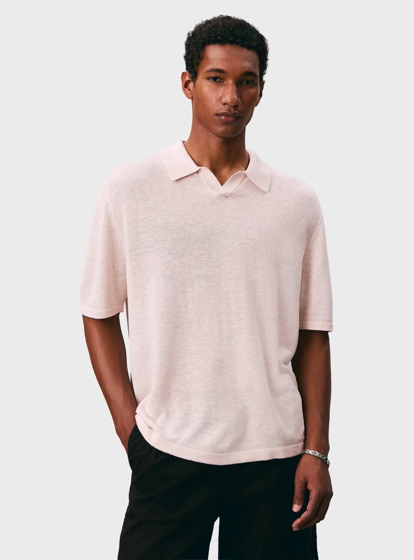 Calvin Klein Linen Blend Open Collar Polo Shirt - Peach