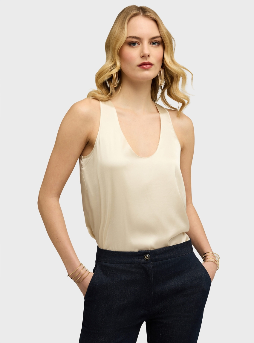 Motivi Wide shoulder satin top - Ecru