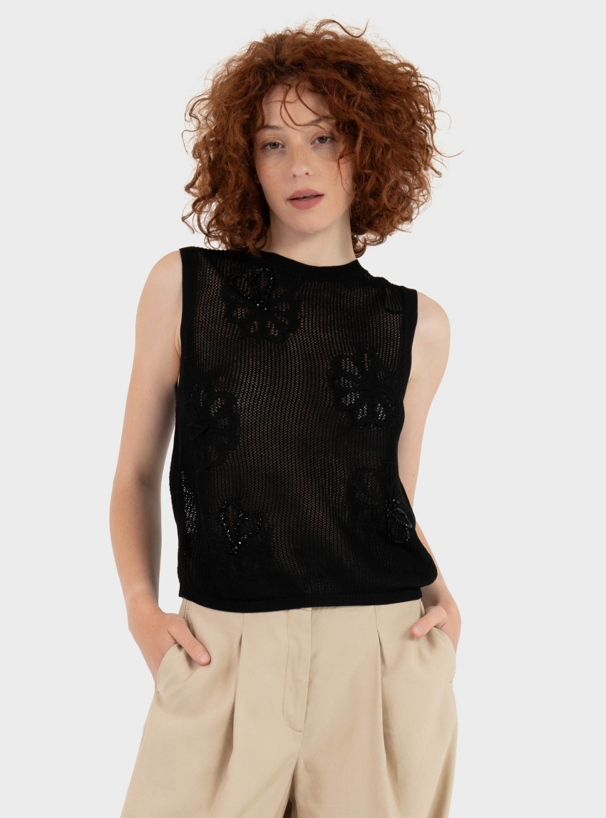 Only Ivy Sleeveless Pearl O-Neck Top - Black