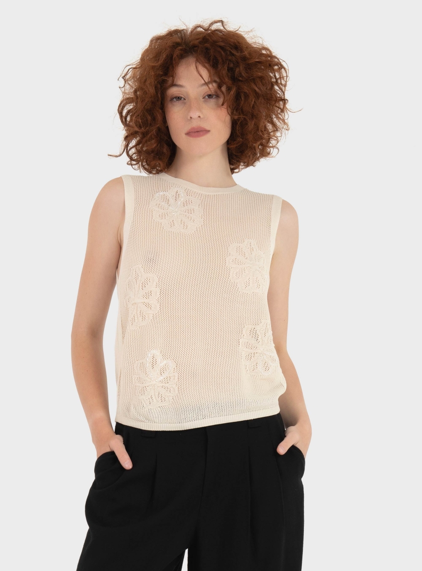 Only Ivy Sleeveless Pearl O-Neck Top - Ecru