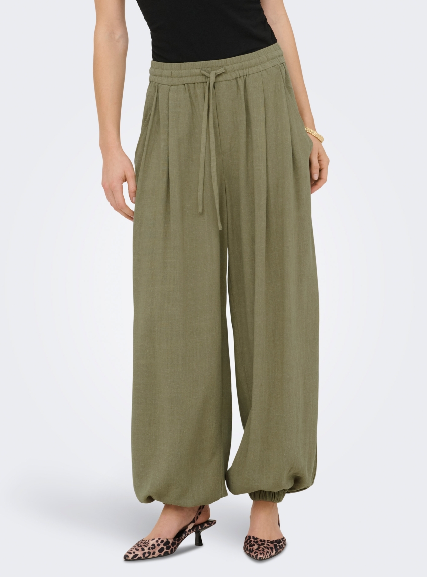 Only Siesta Mid Waist Linen Baggy Barrel Pants - Olive 