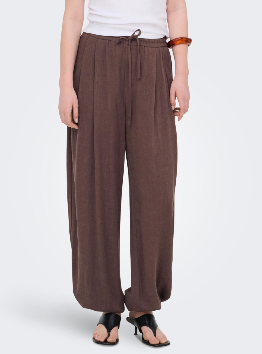 Only Siesta Mid Waist Linen Baggy Barrel Pants - Brown