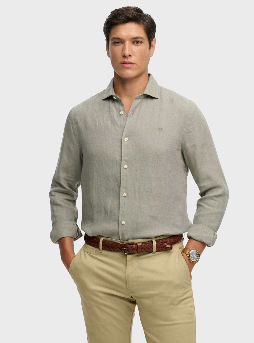 Superdry Riviera Long Sleeve Linen Shirt - Light Olive