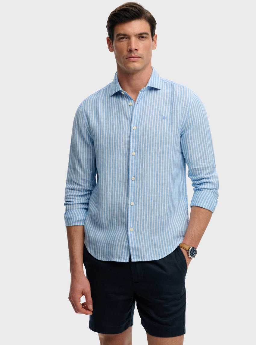 Superdry Riviera Long Sleeve Linen Shirt - Striped Blue