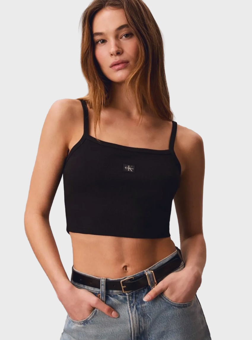 Calvin Klein Cropped Ribbed Cotton Cami Top - Black