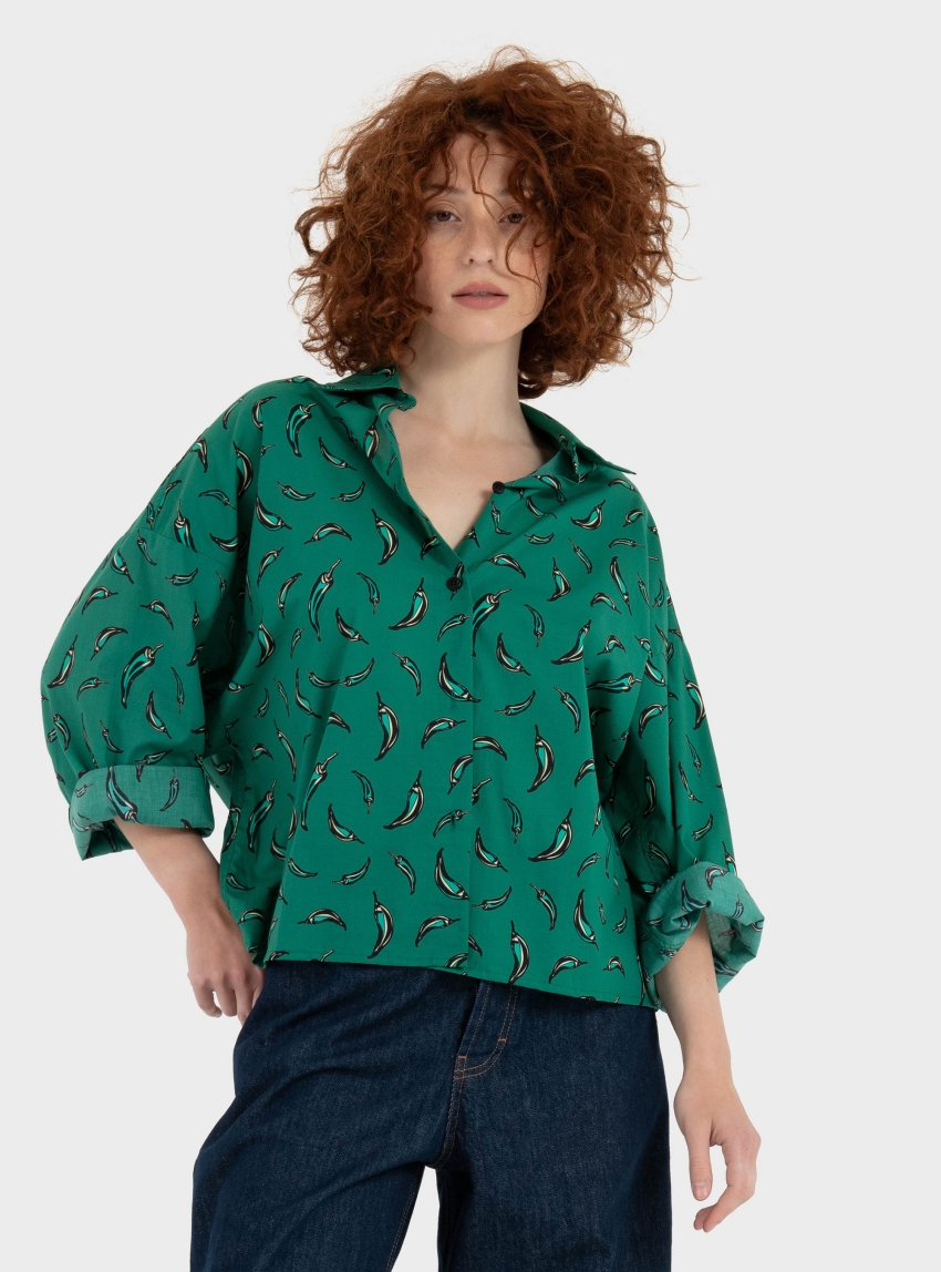 Black & Black  Three-Quarter Sleeves Shirt - Green
