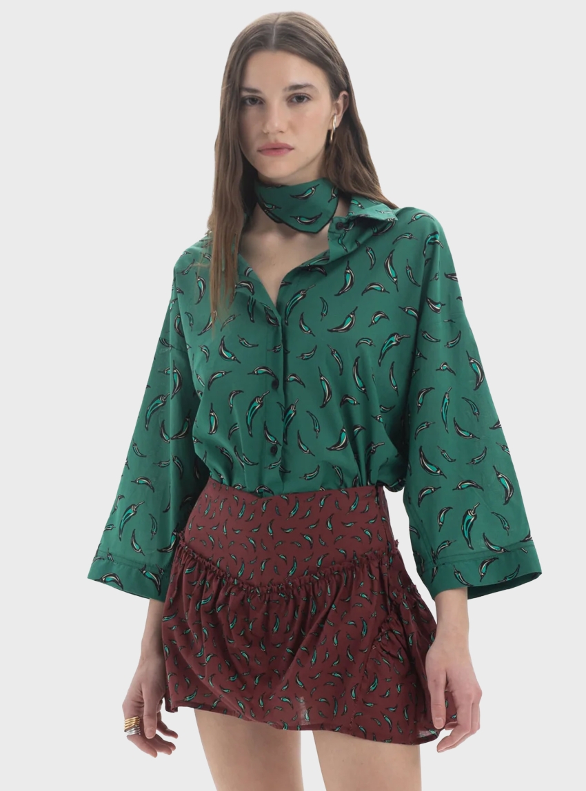 Black & Black  Three-Quarter Sleeves Shirt - Green