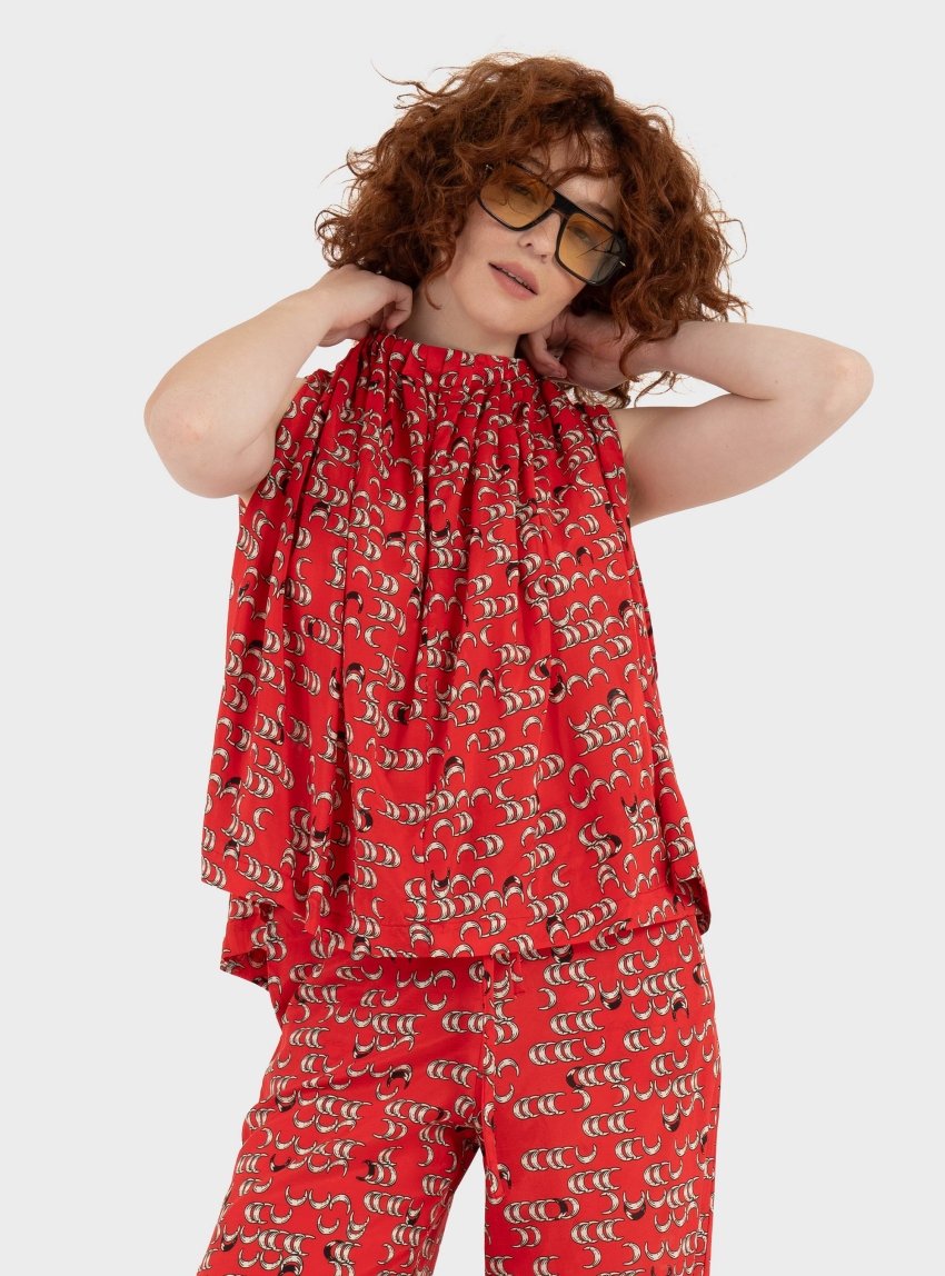 Black & Black  Draped High-Neck Top - Red