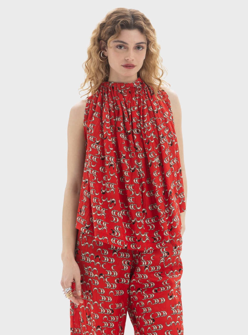 Black & Black  Draped High-Neck Top - Red