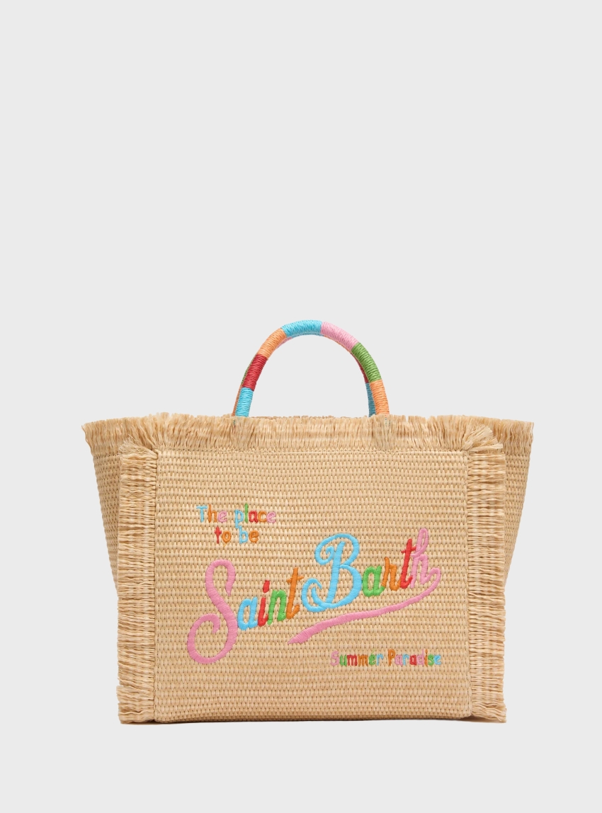 MC2 Saint Barth Colette Straw effect handbag with multicolor logo embroidery - Natural