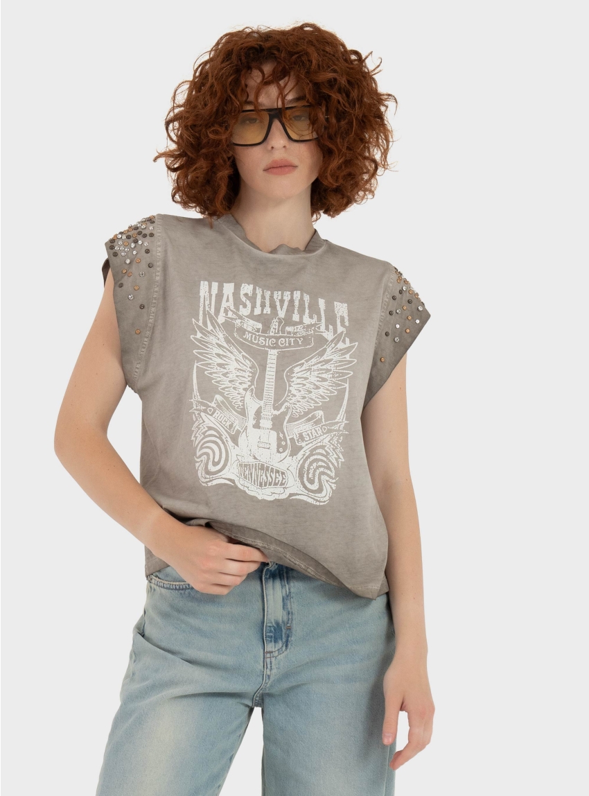 Souvenir T-Shirt With Studs - Olive