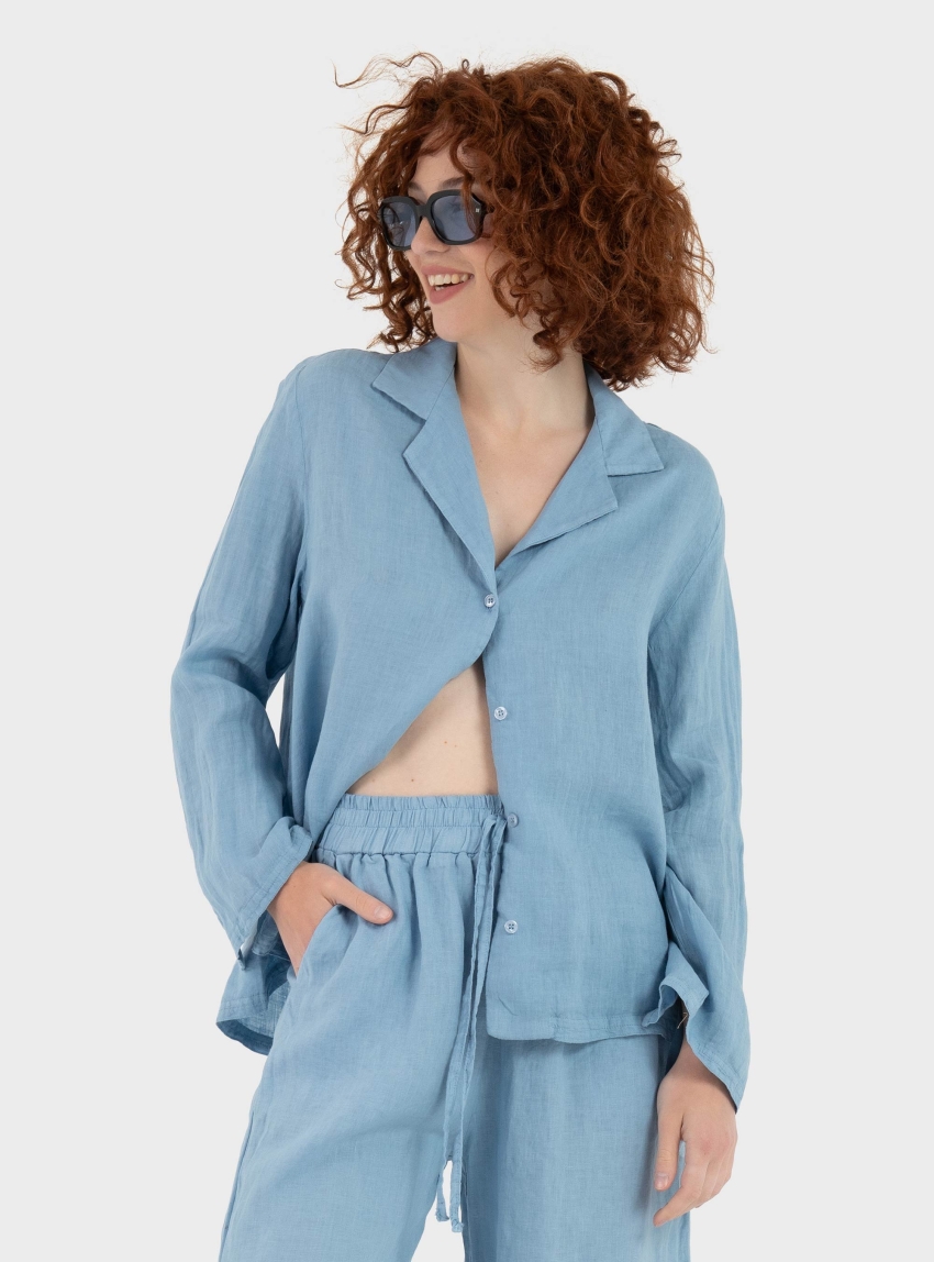 Black & Black  Linen Shirt - Light Blue