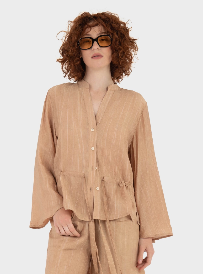 Black & Black  Drawstring Waist Shirt - Light Brown