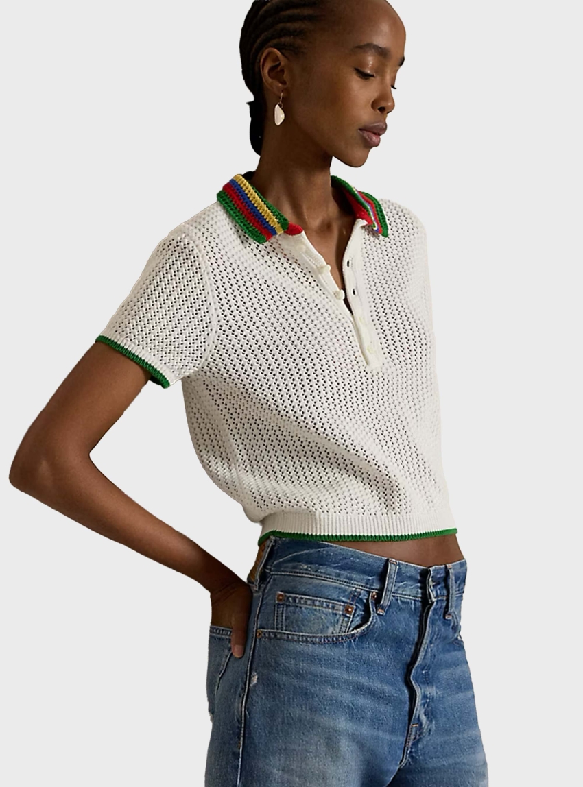 Polo Ralph Lauren Striped-Collar Pointelle Polo Shirt - White